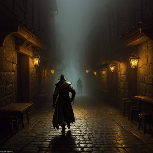 Fantasy Alleyway Scene in Moody Oil Painting Style