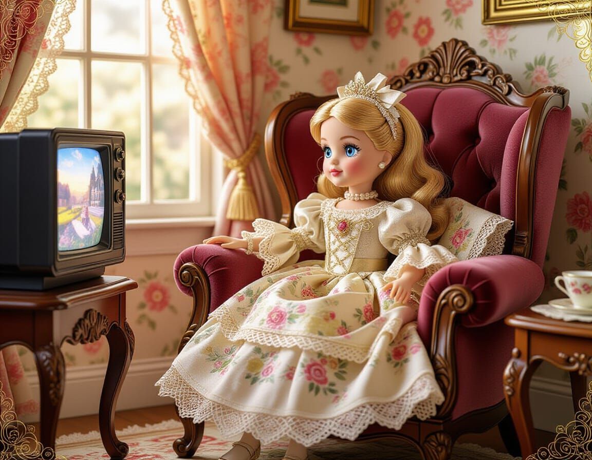 Victorian Barbie Watching TV in Anime Style