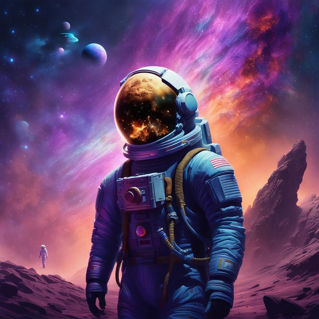 Astronaut in Starry Nebula with Alien Spaceship
