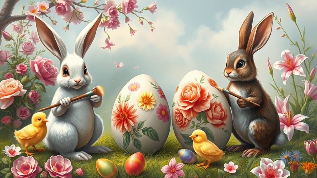 Rabbits and Chicks Painting Easter Eggs