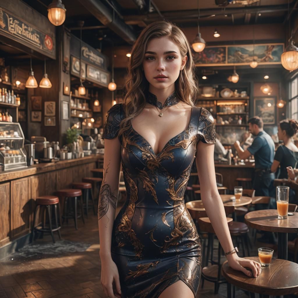 Woman in Cafe: Detailed Fantasy Concept Art