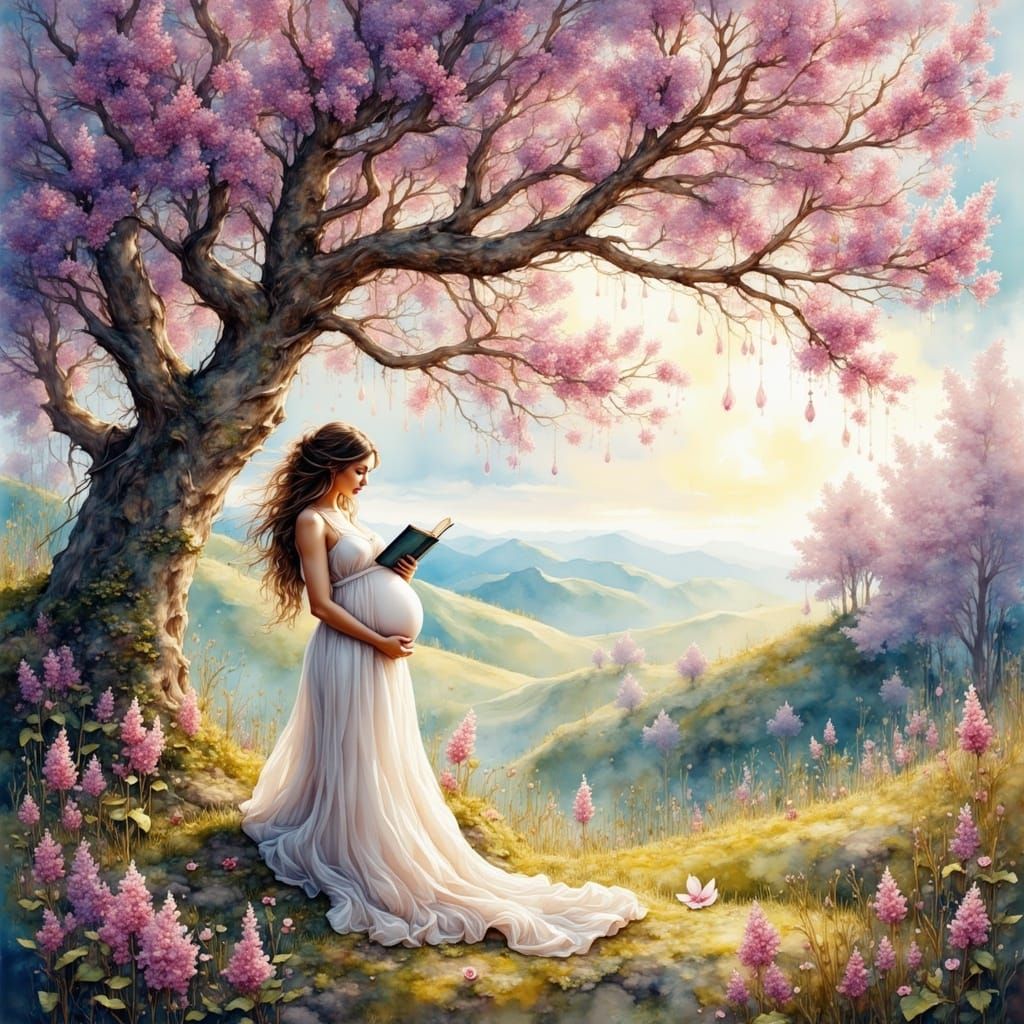 Pregnant Woman Reading Under Tree of Life, Klimt Style