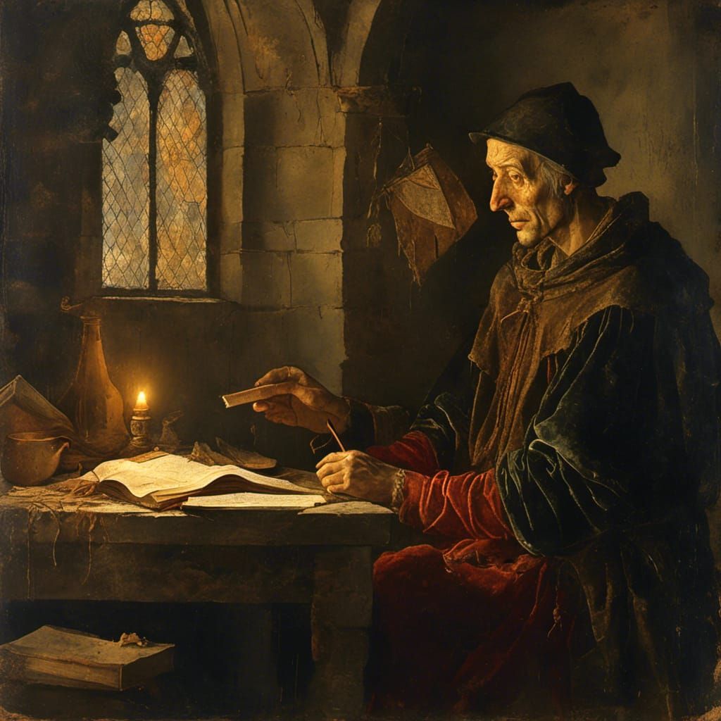 <lora:Medieval Paintings:1.0> Softly lit by warm, golden can...