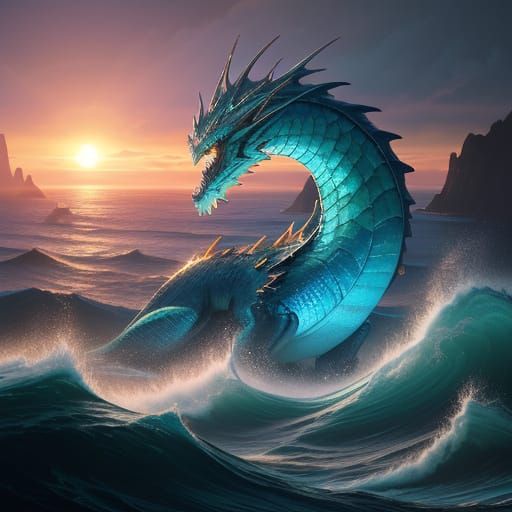 Ethereal Sea Dragon Rises in Vibrant Bioluminescent Ocean