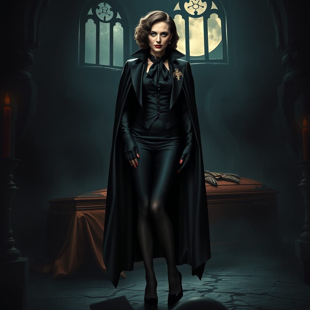 Elegant Vampire Countess in Transylvanian Crypt