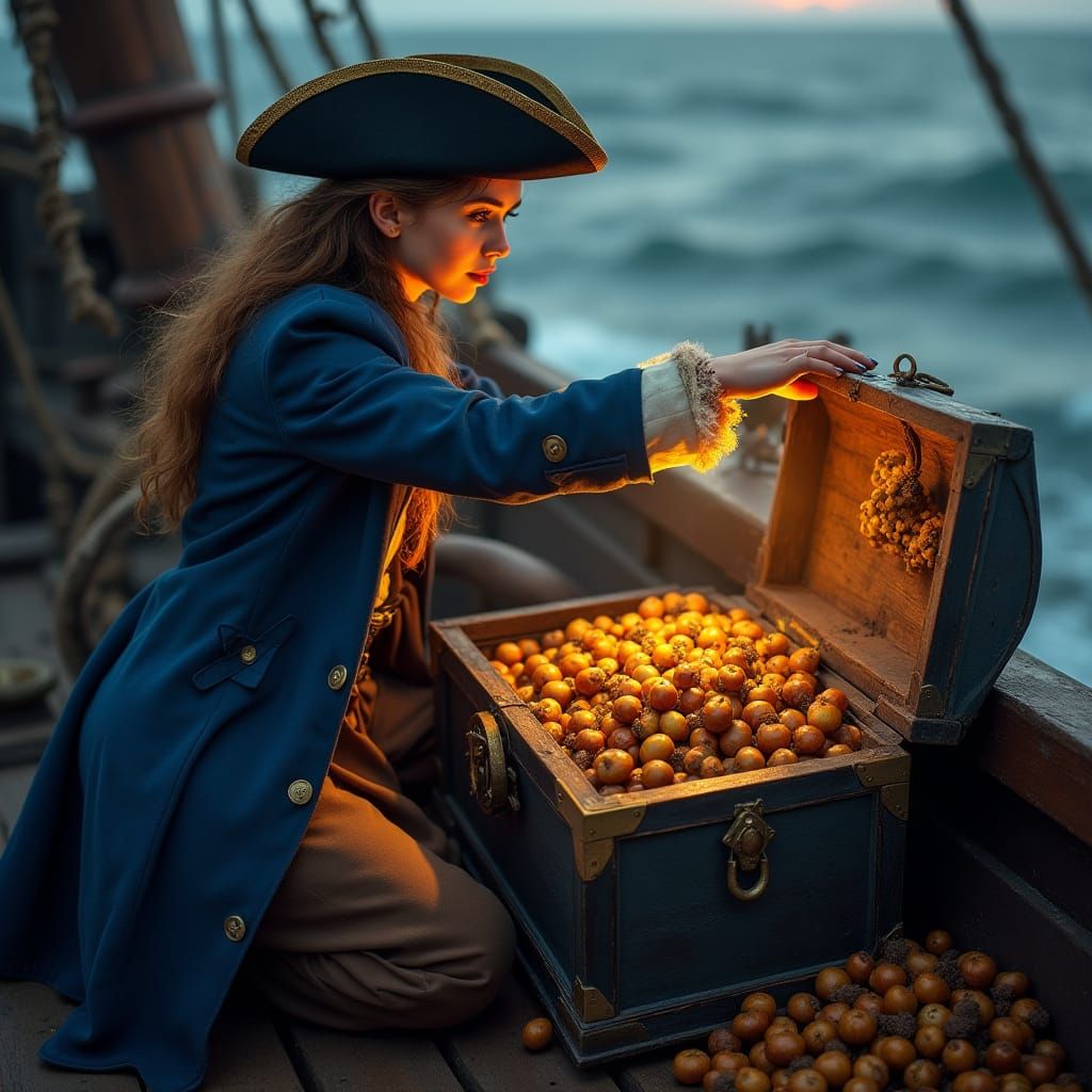Female Pirate Opens Treasure Chest of Golden Acorns on Ship