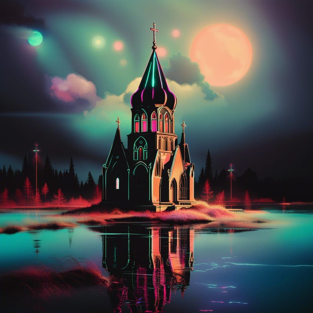 Synthwave Orthodox Gothic Church in Neon Retro Style