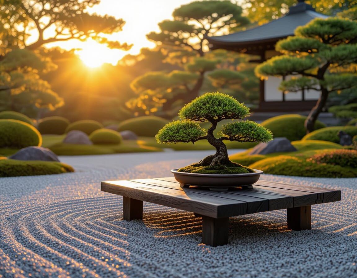 Serene Japanese Zen Garden at Golden Hour