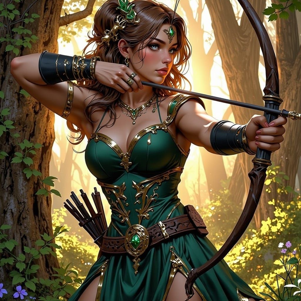 Archer Aiming at Deer in Airy Dress