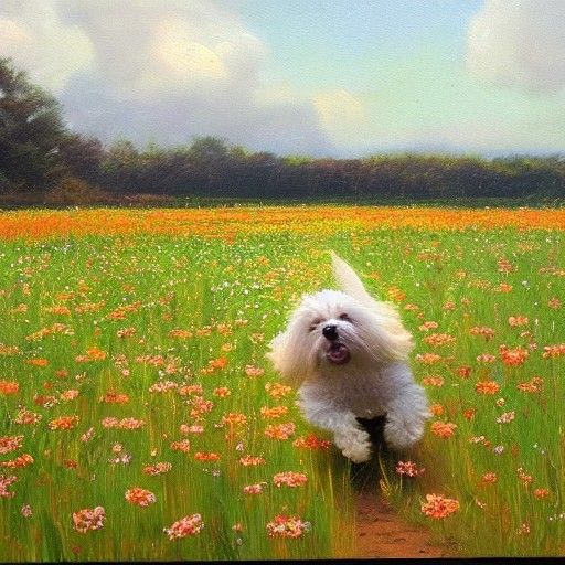 Dog Running Through Flowers, Oil Painting