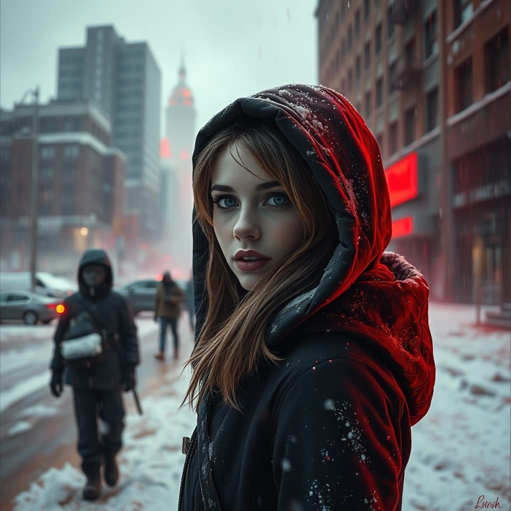 Woman in Red Rain: Surreal Oil Painting