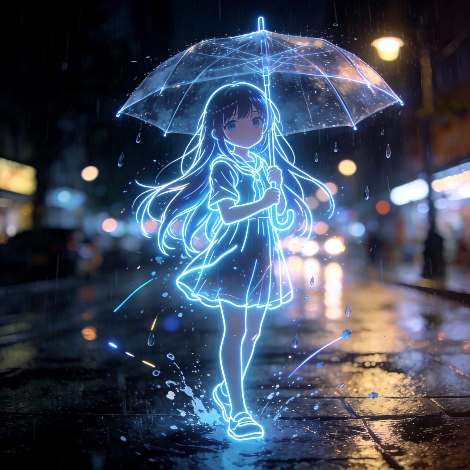 Neon Anime Girl in Rainy Cityscape Photograph