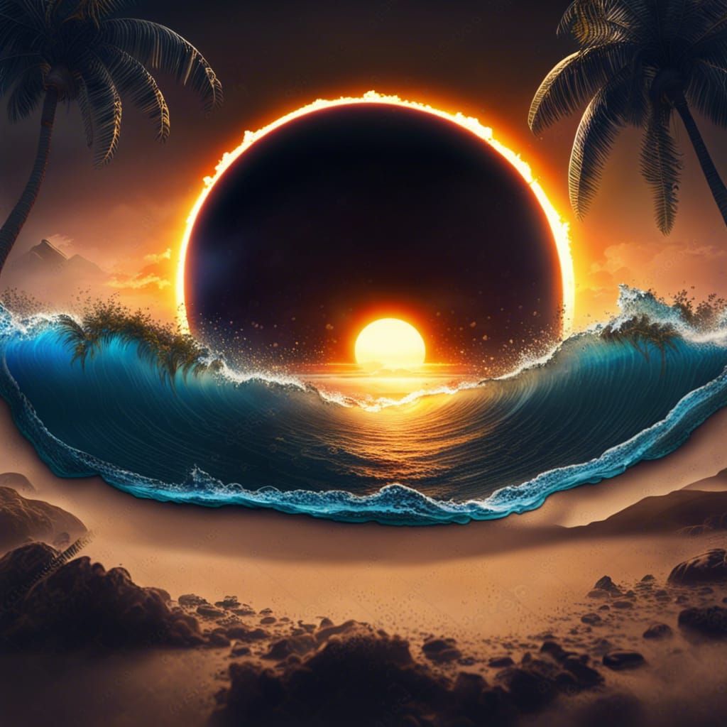 Tropical Beach Solar Eclipse in Photorealistic Style