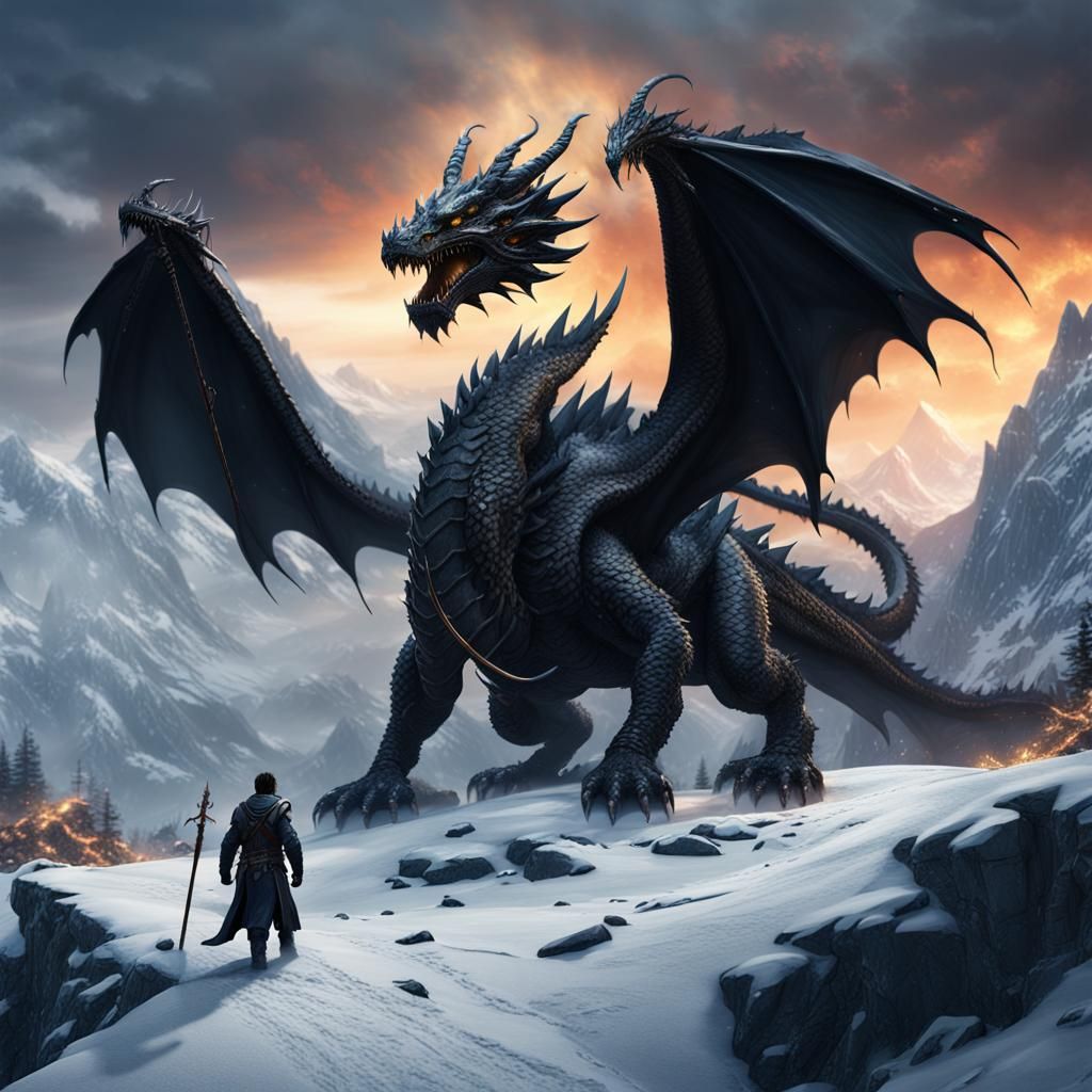 Black Dragon on Snowy Mountain: Fantasy Concept Art