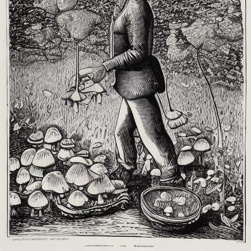 Mushroom Farmer in 19th Century Linocut Style