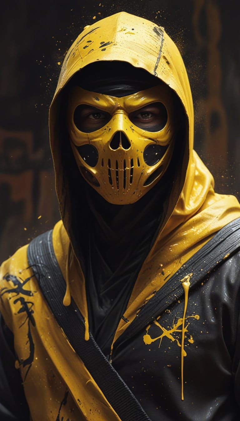 Yellow Ninja in Shadows with Skull Mask, Street Art Style
