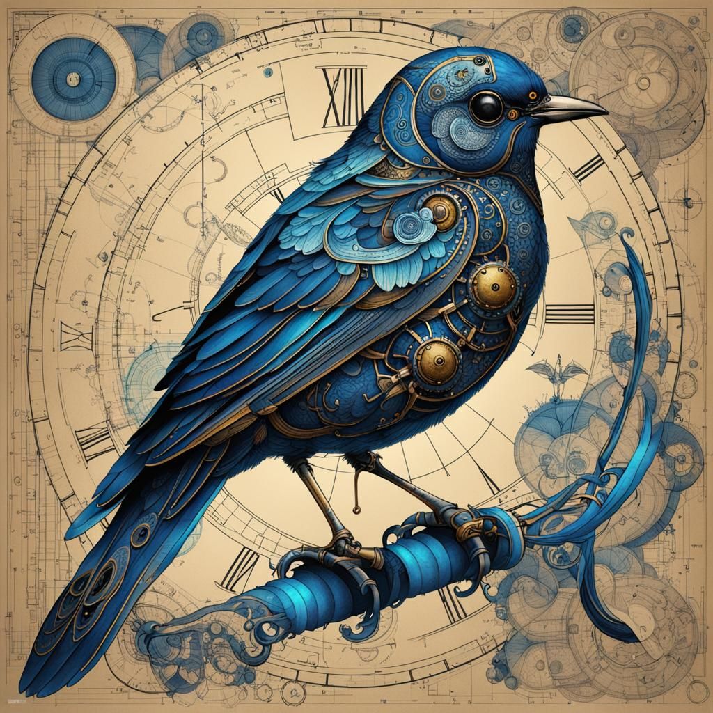 Steampunk Bird Blueprint in Vibrant Colors