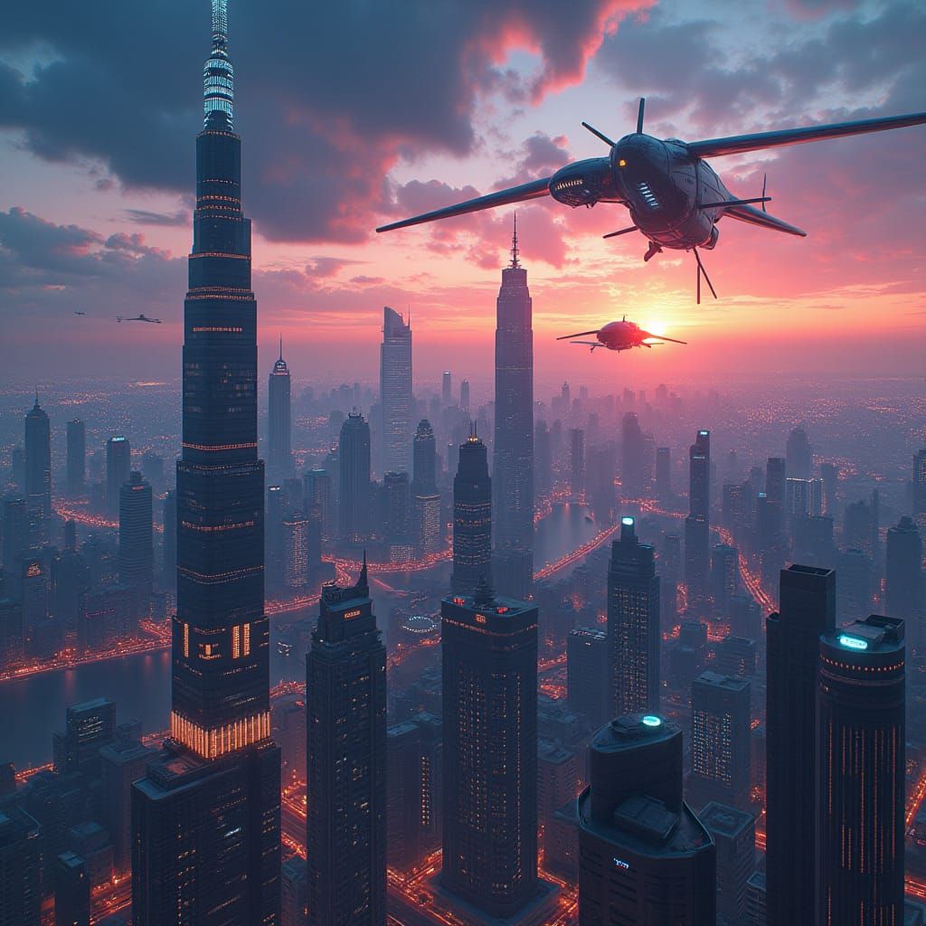 Futuristic Cityscape with Flying Mobiles at Dusk
