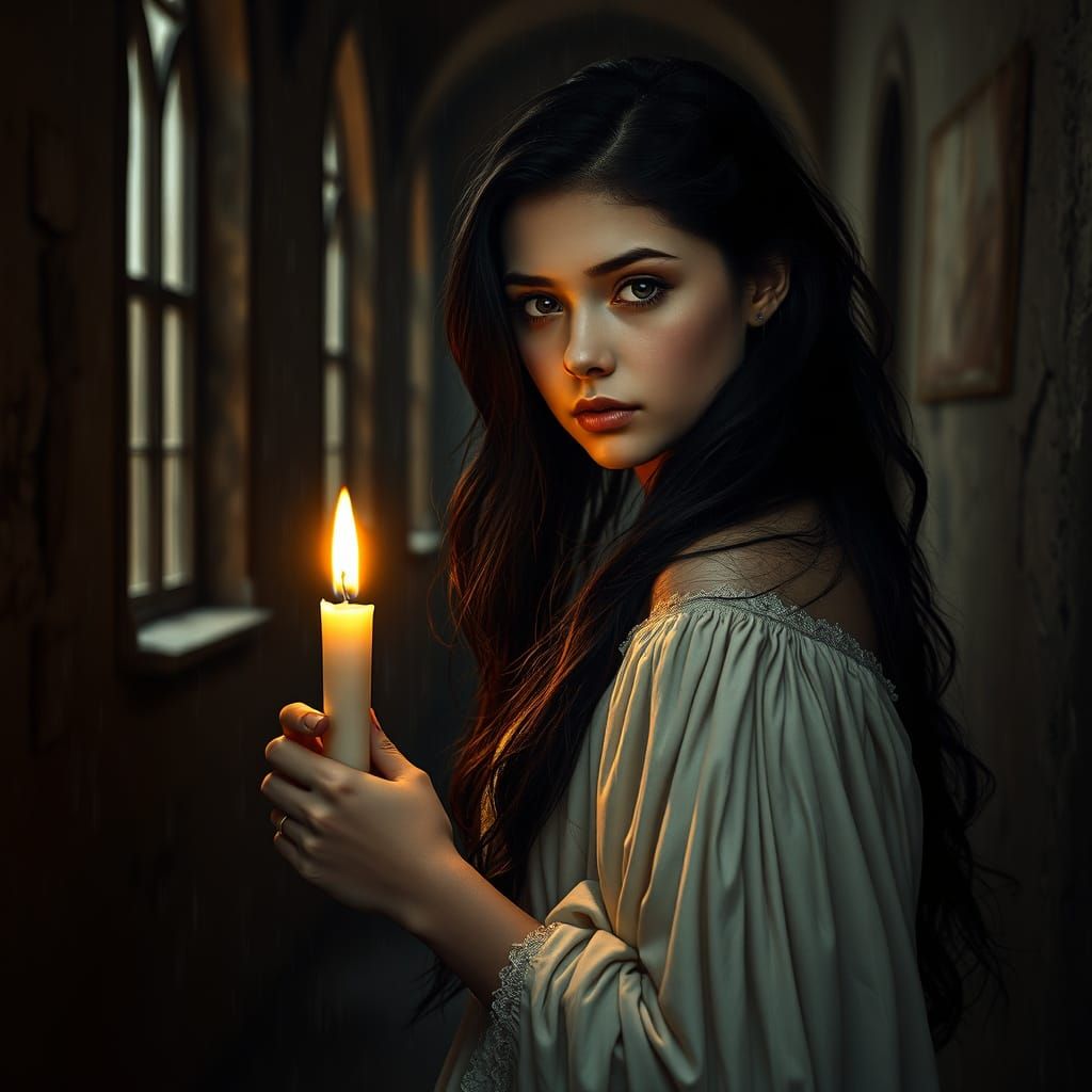 Enigmatic Girl in Haunted Castle Hallway