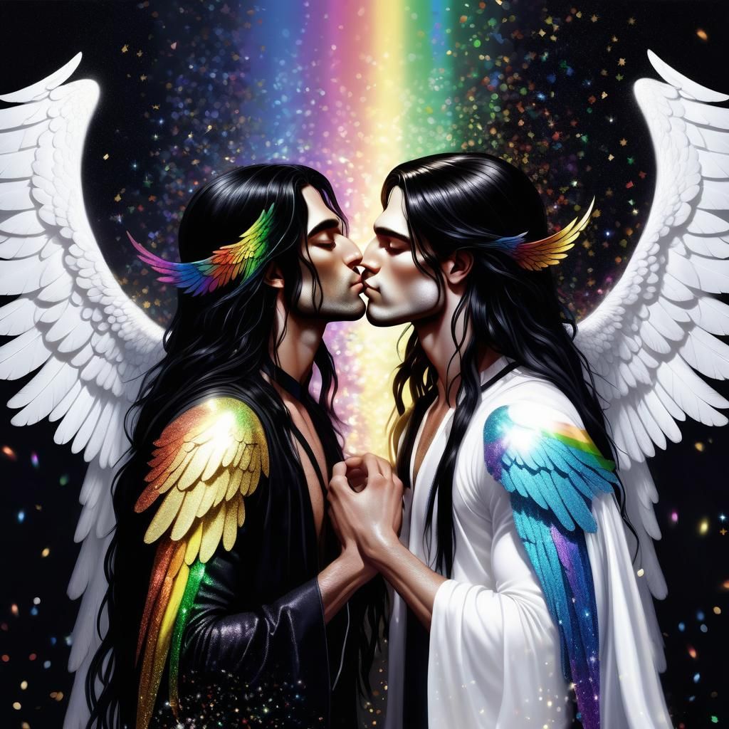 Angelic Gay Couple Kissing with Rainbow Glitter