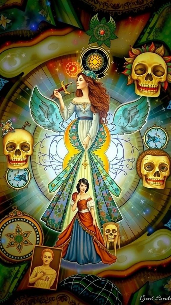 Gothic Jugendstil Witch with Sun Doll and Flowers