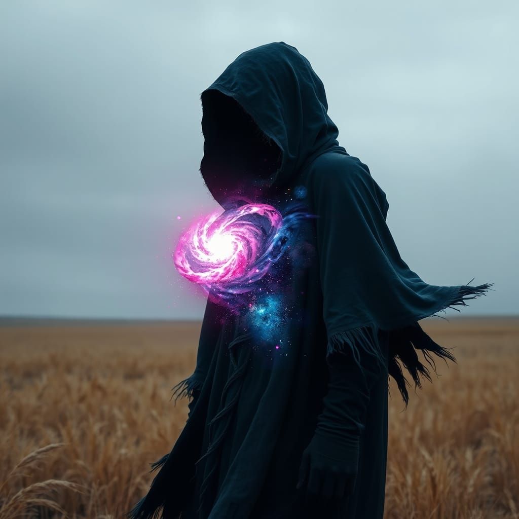 Mysterious Figure Reveals Cosmic Landscape Inside Hood