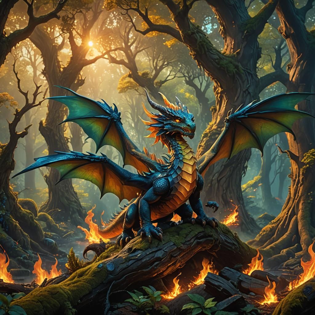 Dragon with Wings of Fire in Mystical Forest