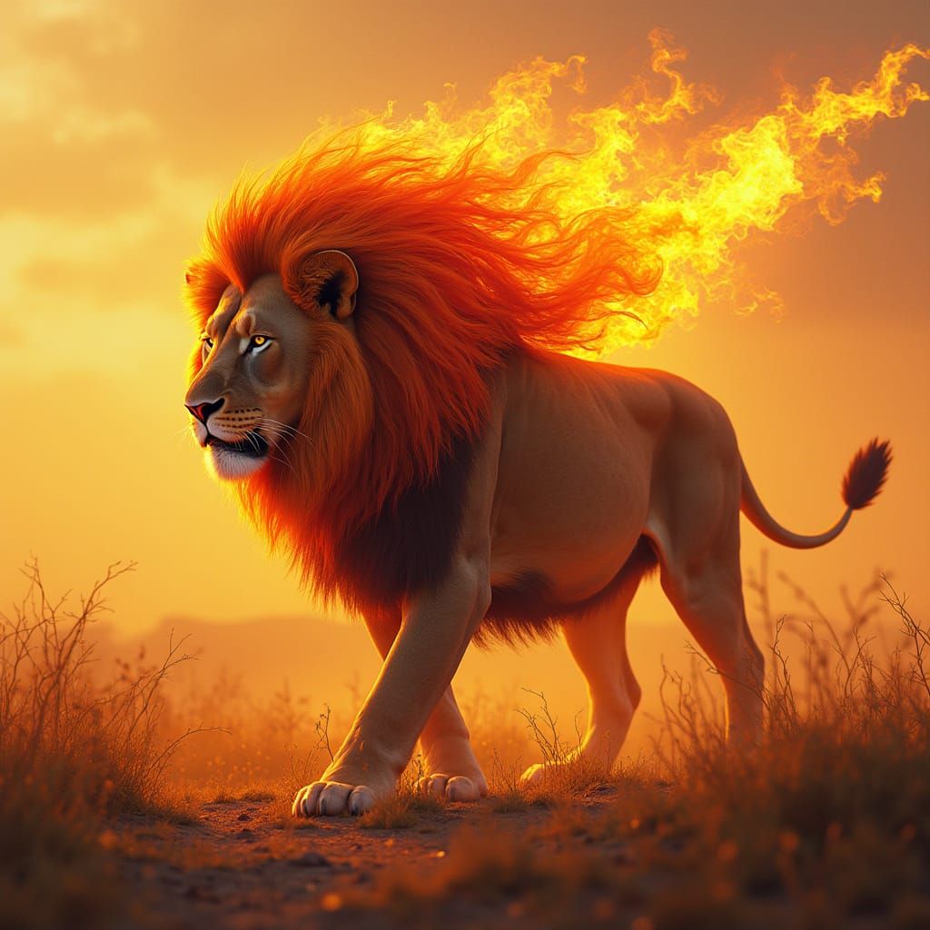 Lion with Fire Mane in Futuristic Style
