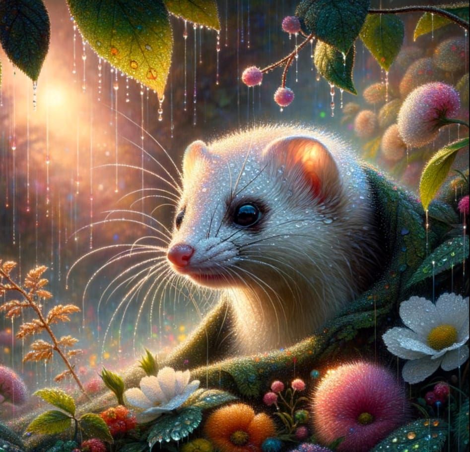 Rainy Dawn Forest Scene with Shimmering Weasel