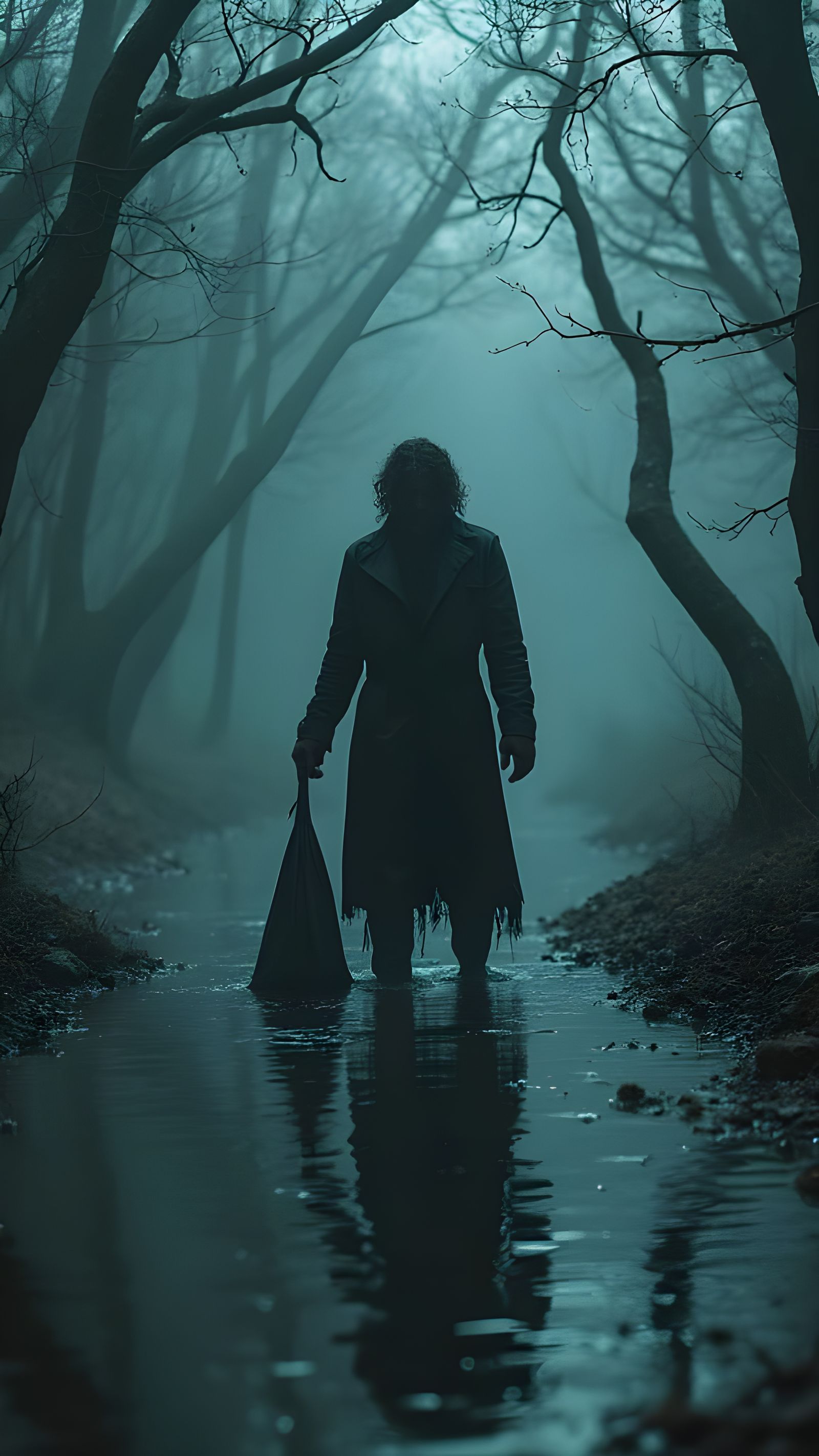 Ominous Figure Disposing Body in Dark Forest, Film Noir