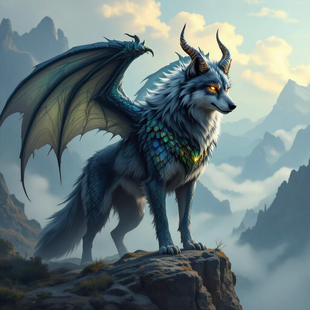 Majestic Wolf-Dragon Hybrid on Rocky Precipice