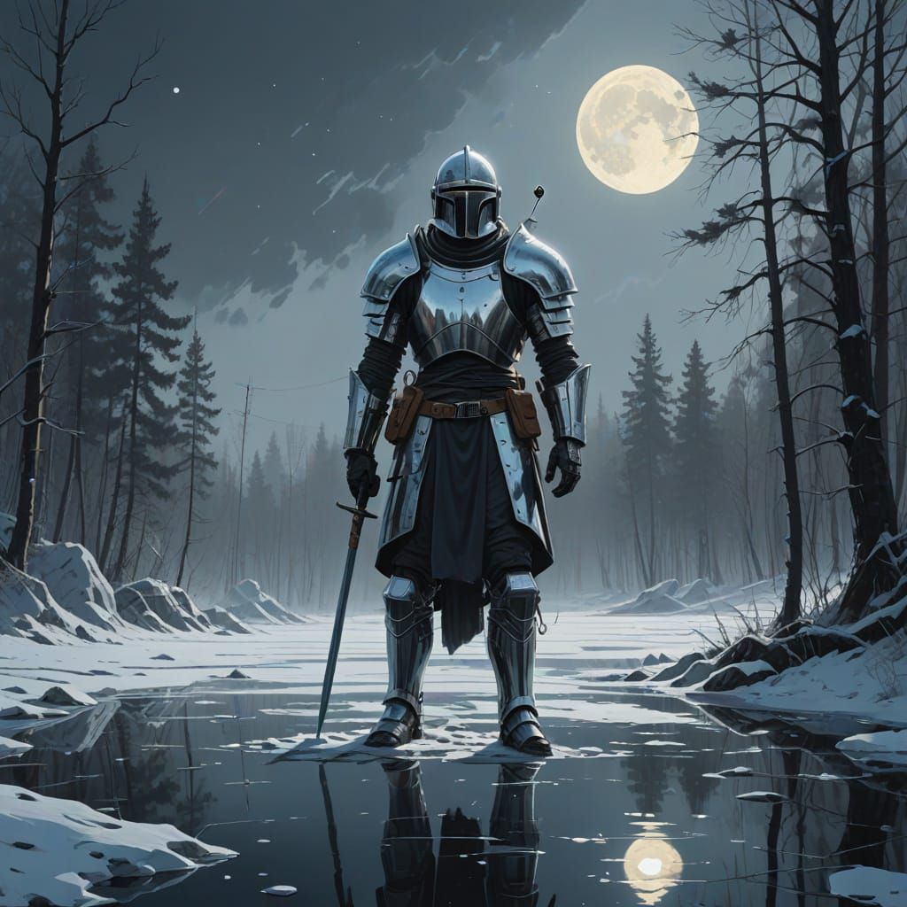 Medieval Knight in Silver Armor, Mystical Landscape