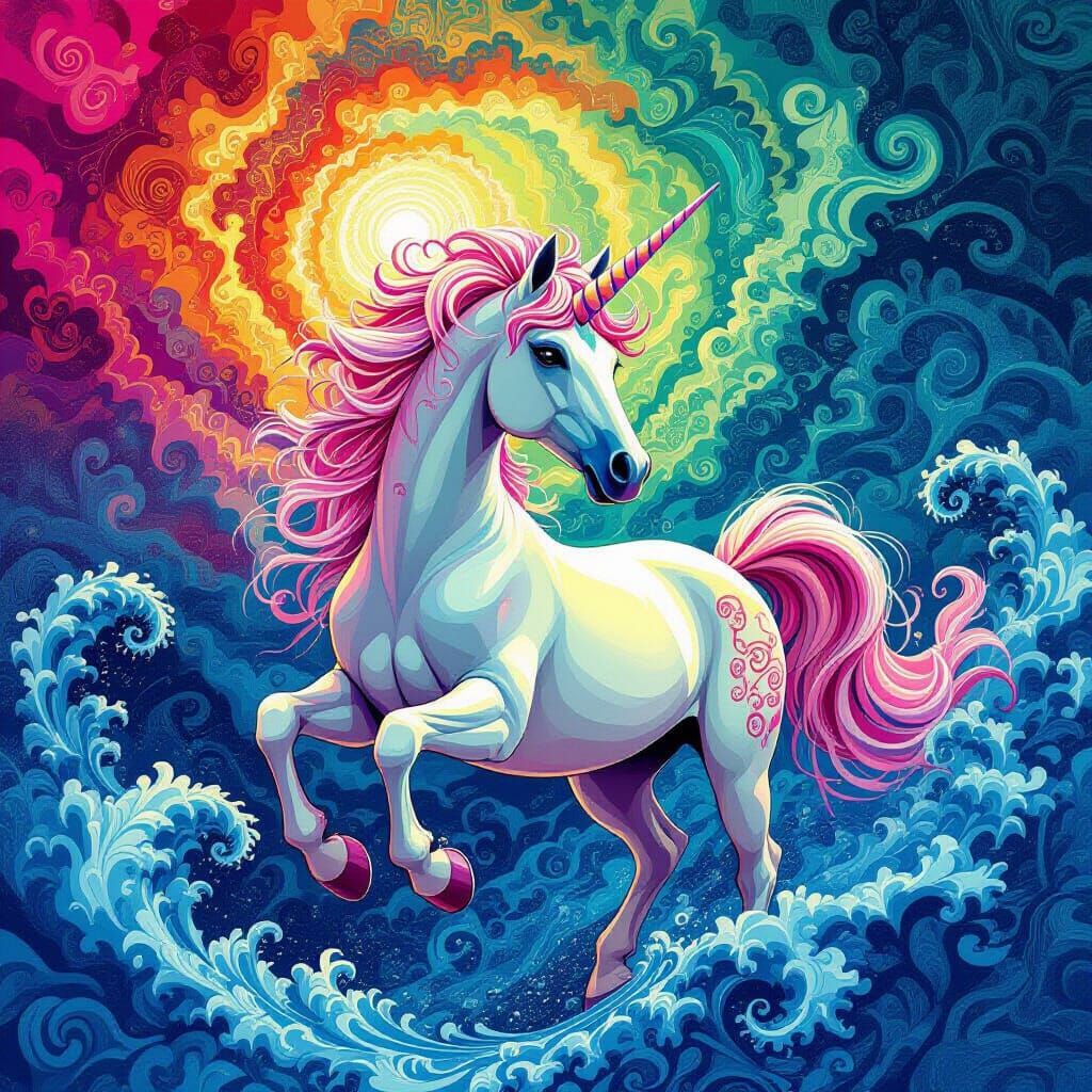 Psychedelic Unicorn in Fractal Landscape