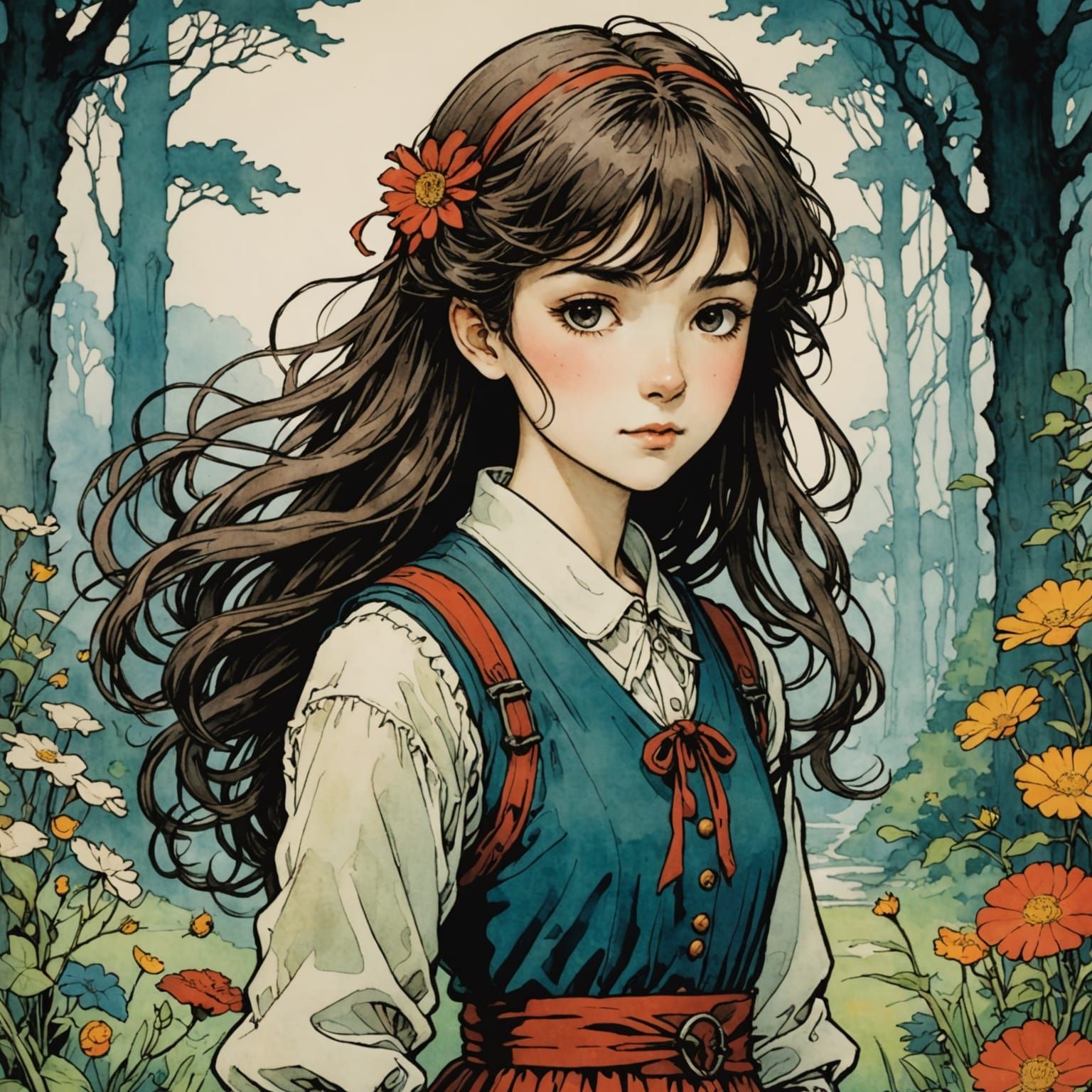 Girl in Whimsical Anime Style with Colorful Ink Outlines