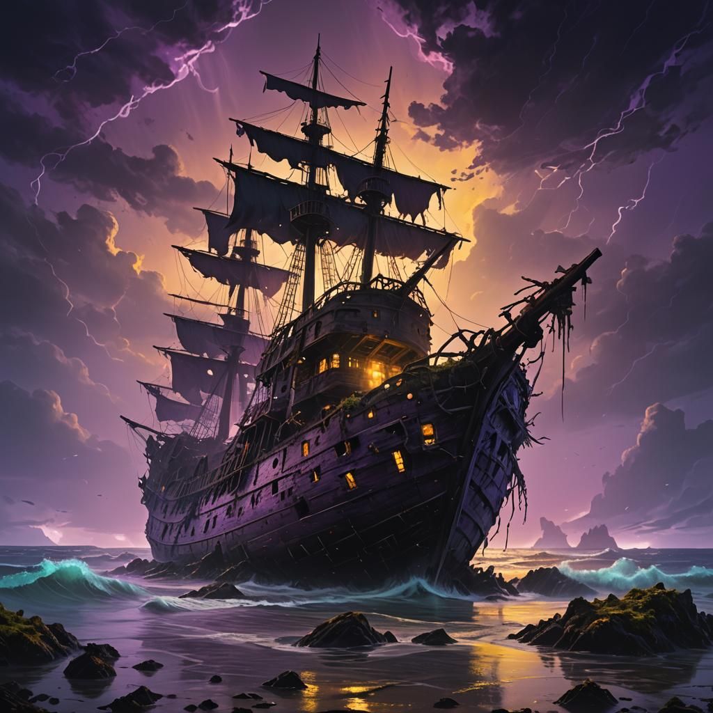 Eerie Shipwreck on Stormy Sea, Dark Fantasy Art