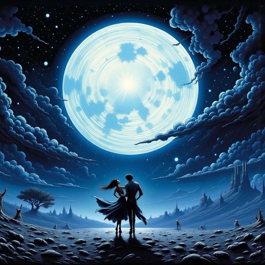 Moonlit Dancers in Silhouette Under Full Moon