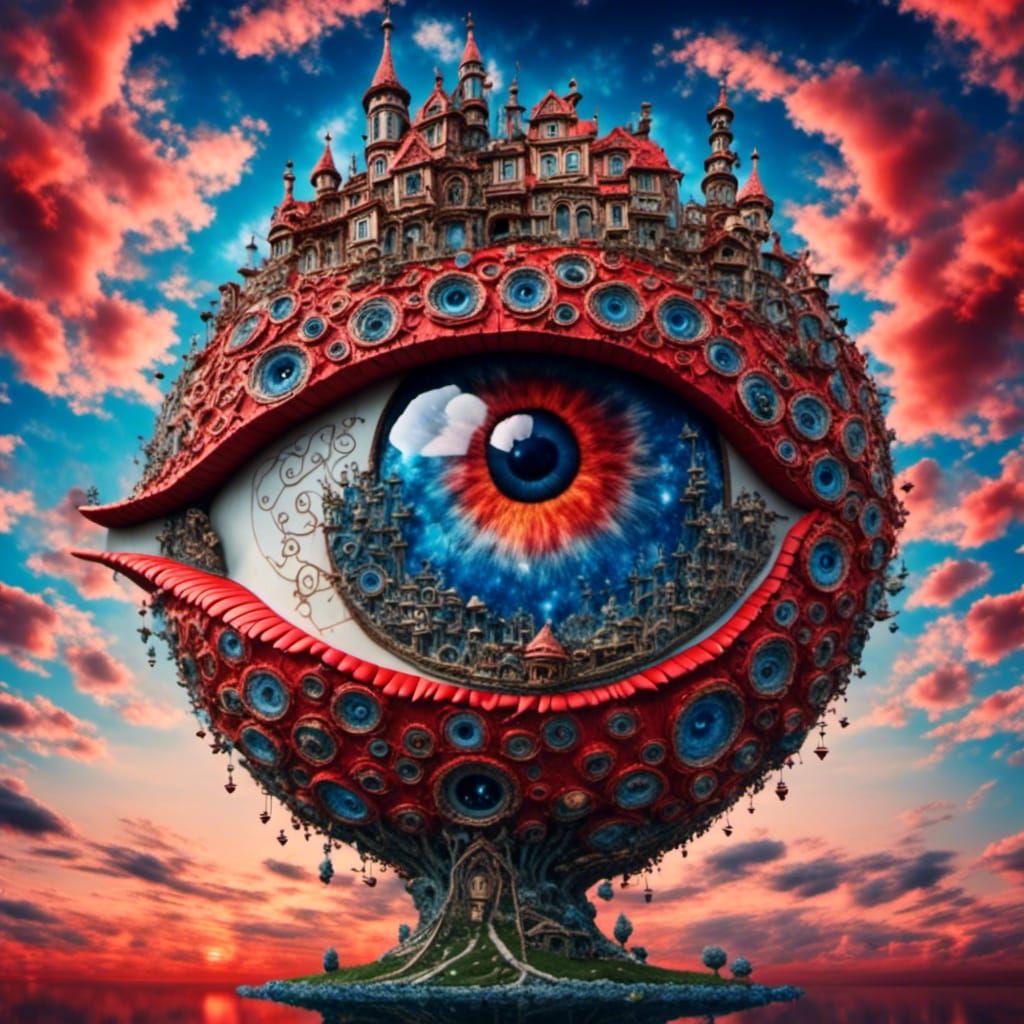 Surreal Eye Floats Above Mario World in Fantasy Sky