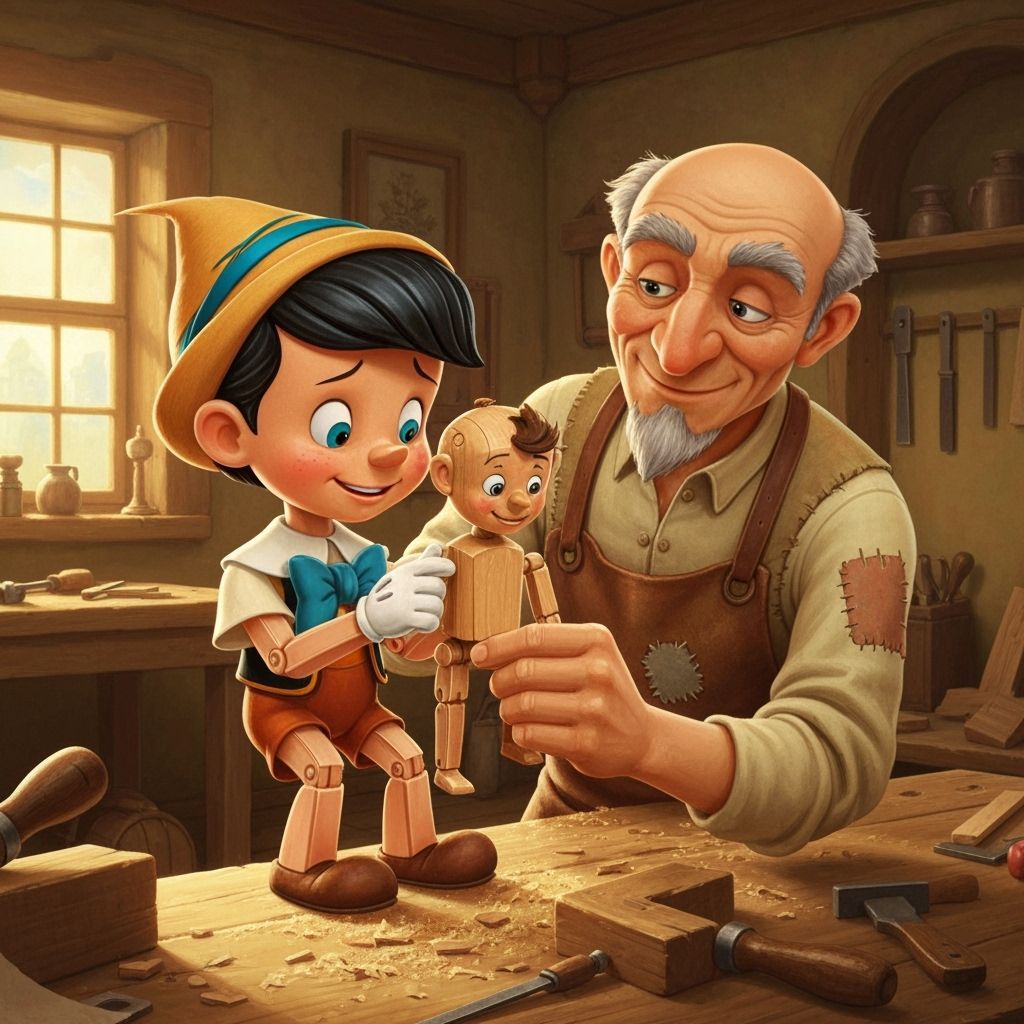 Pinocchio Creates Geppetto Puppet, Vintage Illustration Styl...