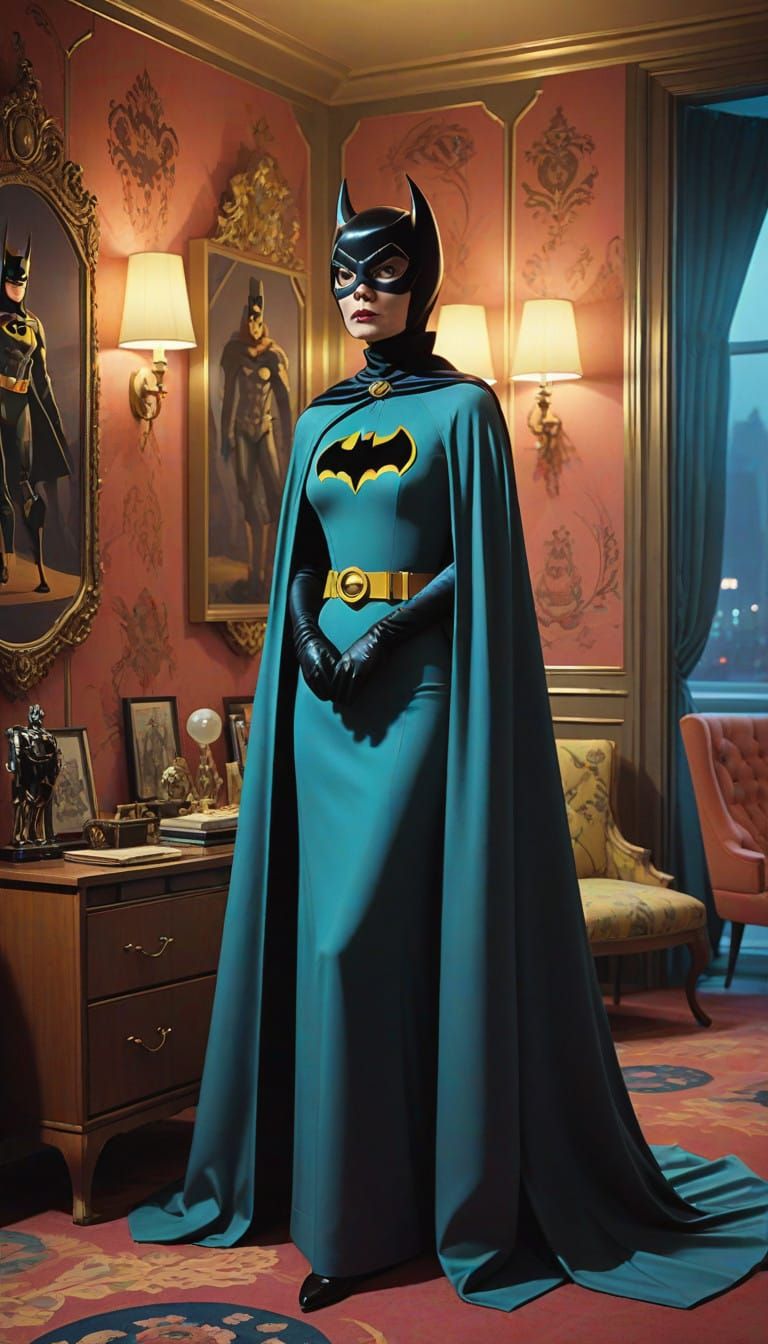 Elegant Actress Stands in Lavish 1960s Bedroom with Batgirl ...