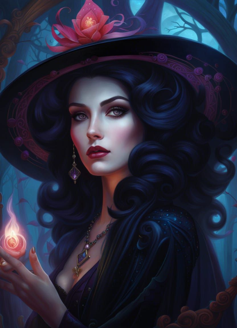 Hauntingly Beautiful Witch Illustration in Dark Academia Sty...