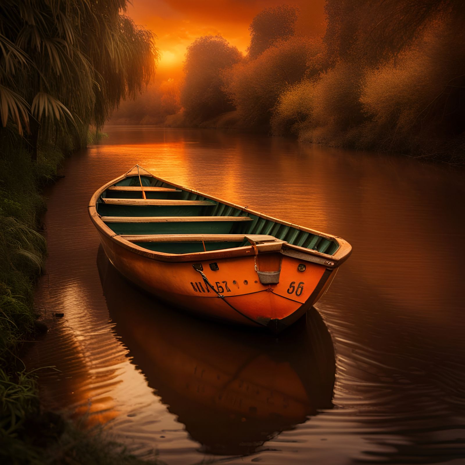 Surreal River Scene with Tangerine Trees