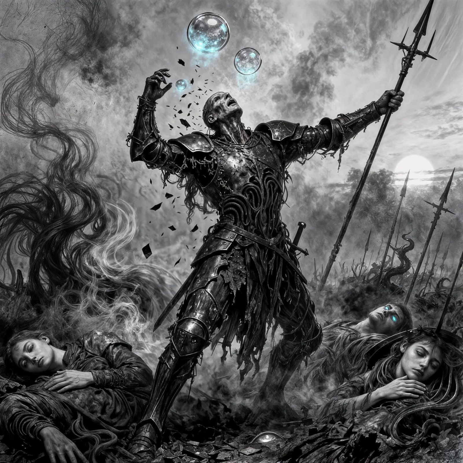 Tormented Warrior on Shadow Battlefield in Charcoal Drawing ...