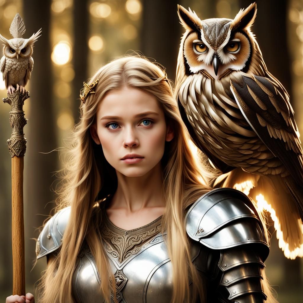 Armored Teenage Goddess with Owl Digital Art