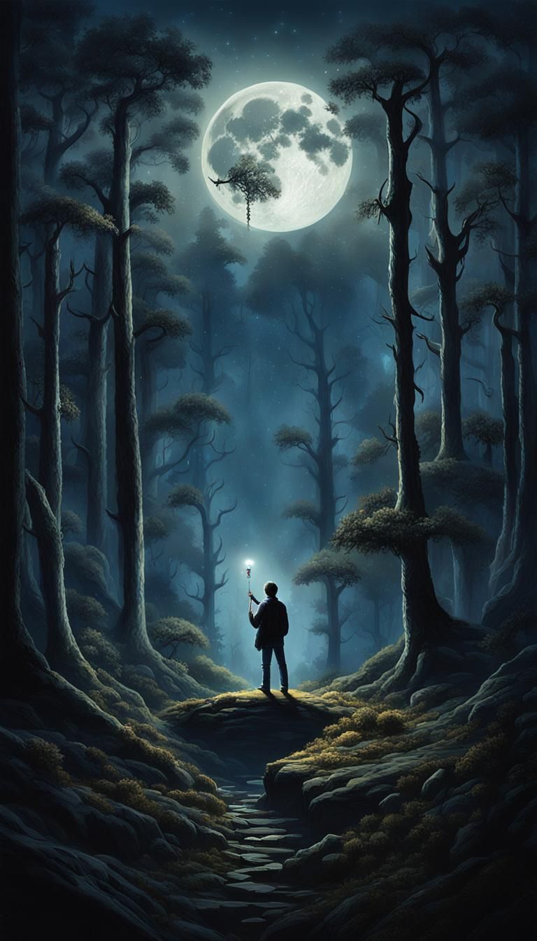 Moonlit Figure at the Edge of a Dark Forest