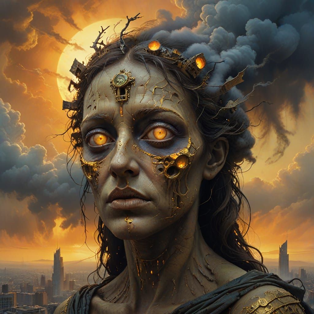 Goddess of Plague over Apocalyptic City in Surrealism