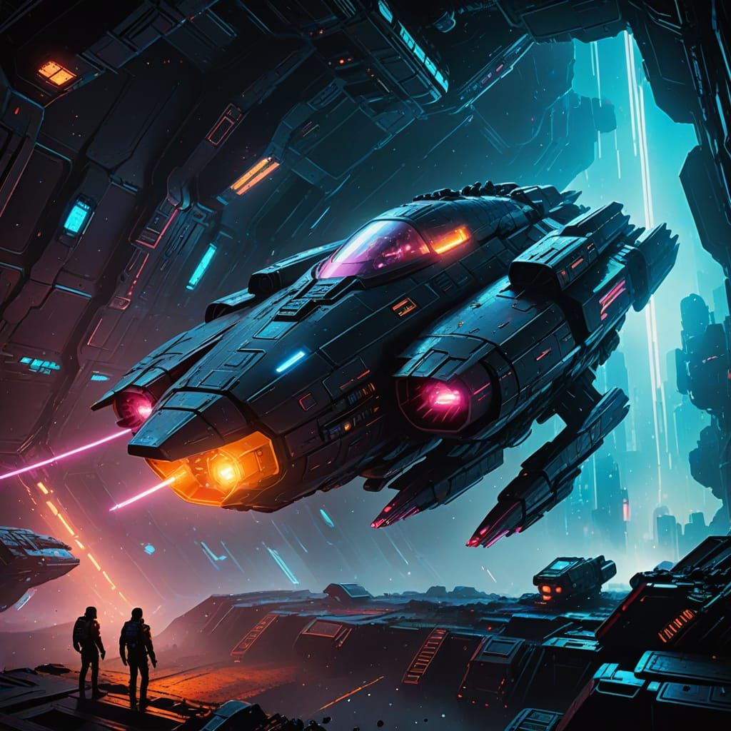 Cyberpunk Spaceship in Asteroid Field - Digital Art