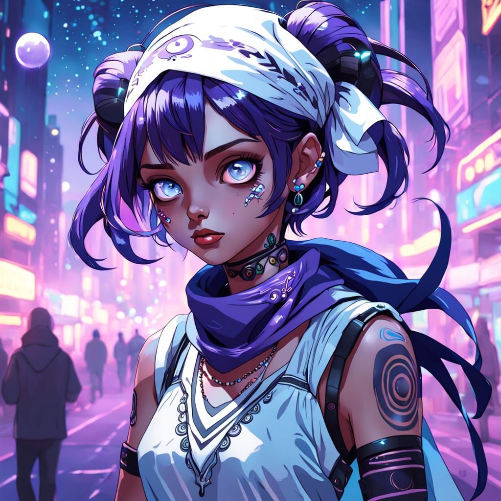 Cyberpunk Alien Portrait with Neon Galaxy Background