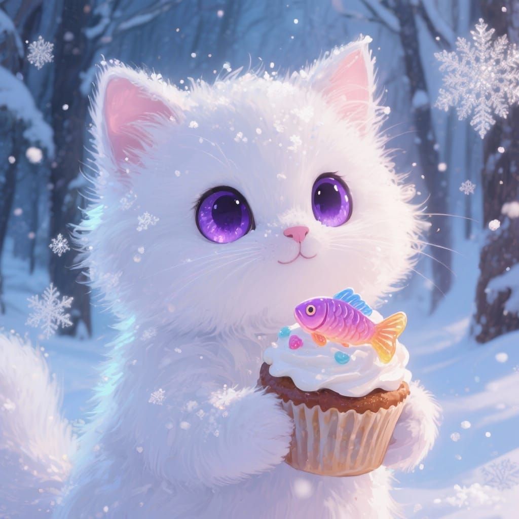 Fuzzy Kitten Holding Gummy Fish Cupcake in Snowy Forest
