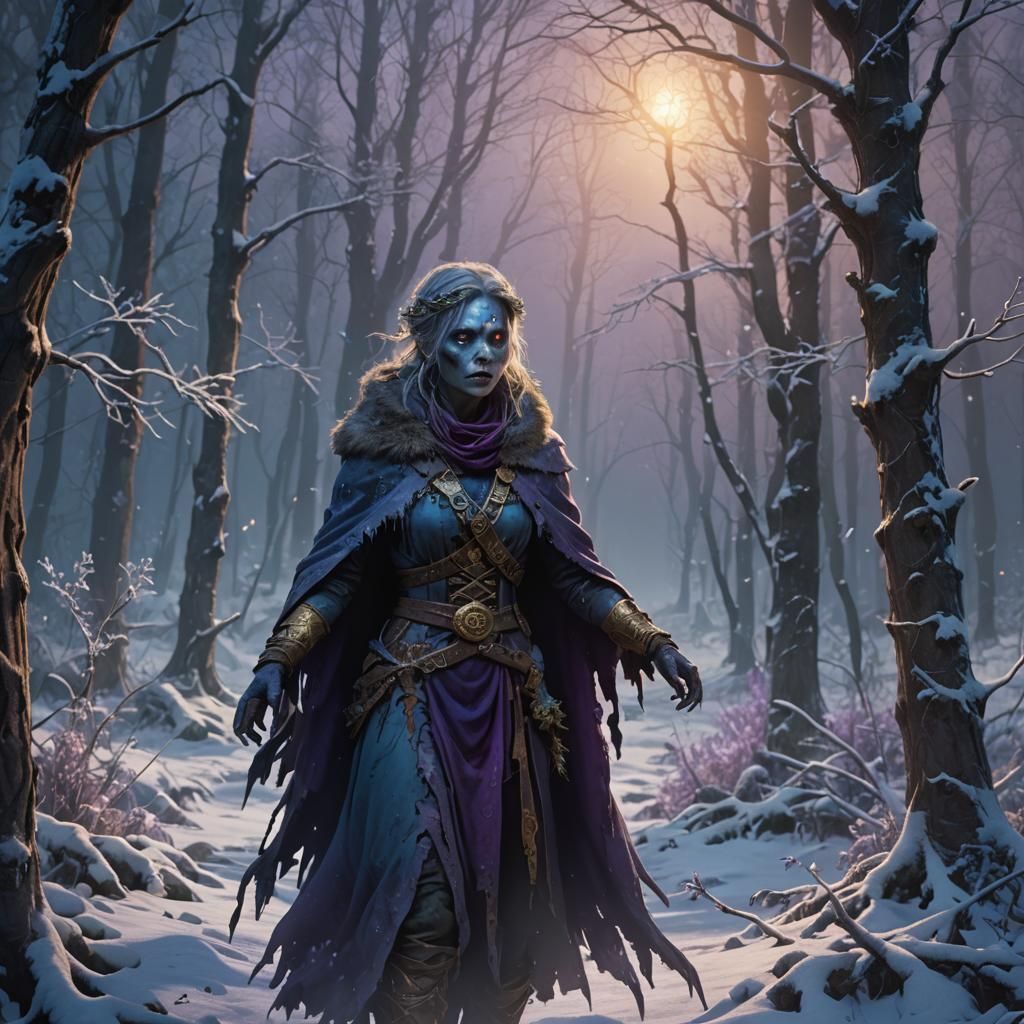 Winter Zombie Woman in Snowy Woods, Dark Fantasy Art