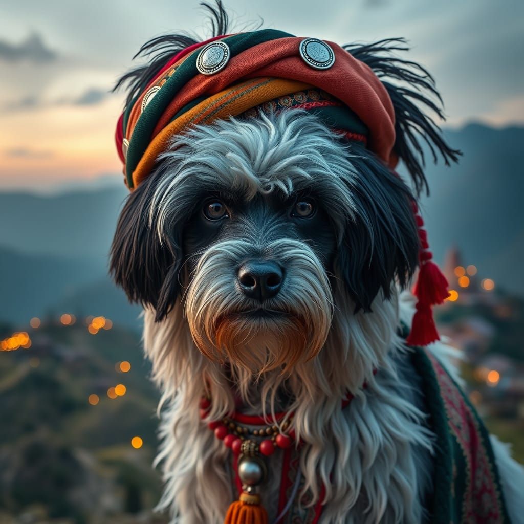 Vibrant Warrior Komondor Maiden in Traditional Hmong Attire